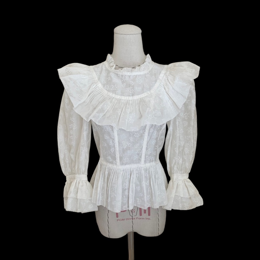 Ulla Johnson Edna Floral Pleated High Neck White Blouse size 6